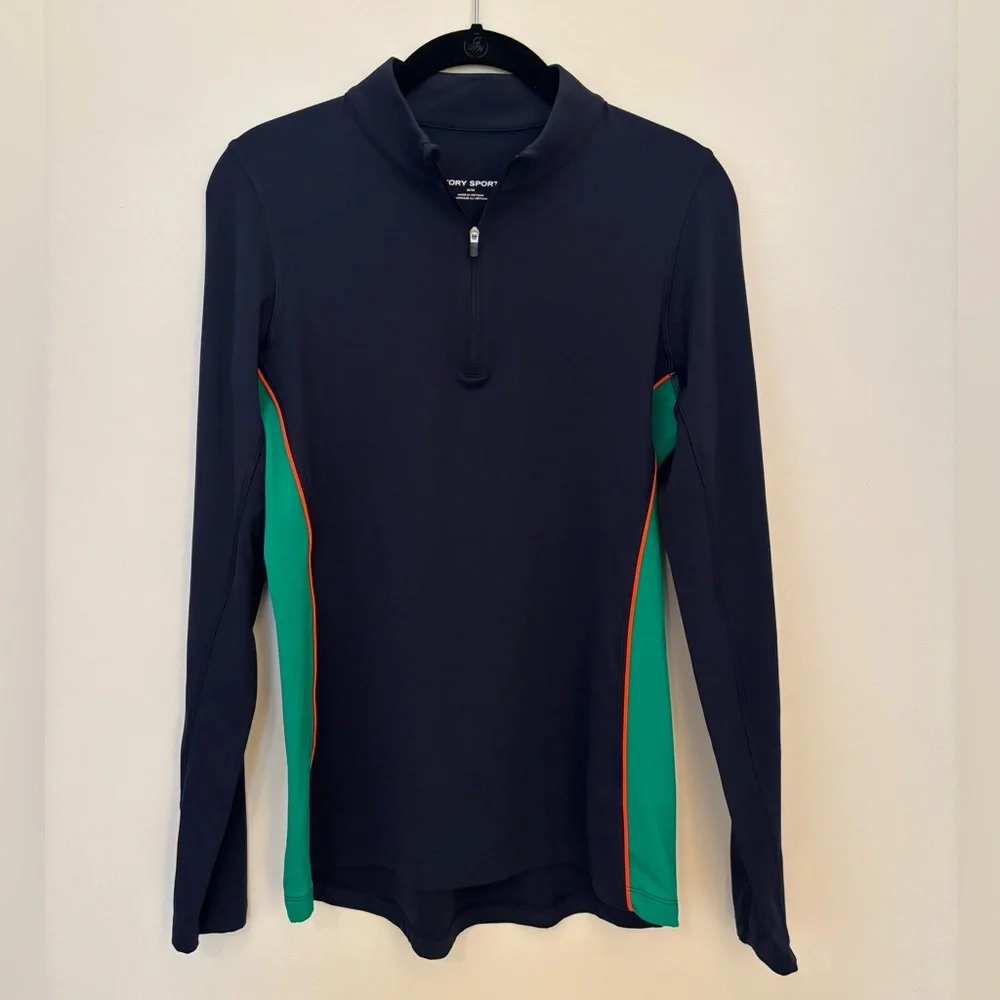 Tory Burch Navy Zip Mock Pullover with Contrast Piping